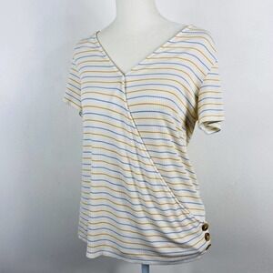 Ann Taylor LOFT Size Small Striped Ribbed Drape Knit Top Yellow Blue